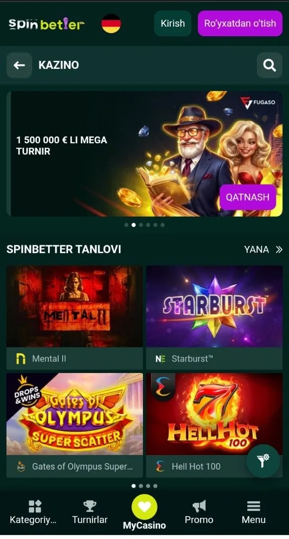 SpinBetter kazino bosh sahifasi - slotlar, jonli stollar va krash oʻyinlari