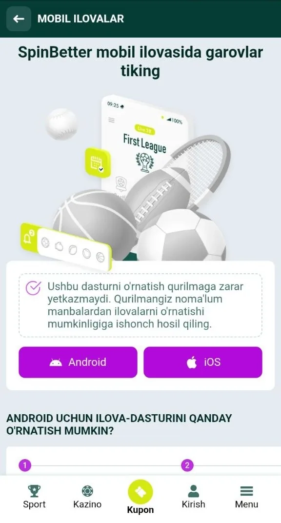 SpinBetter yuklab olish sahifasi - Android APK va mobil ilova