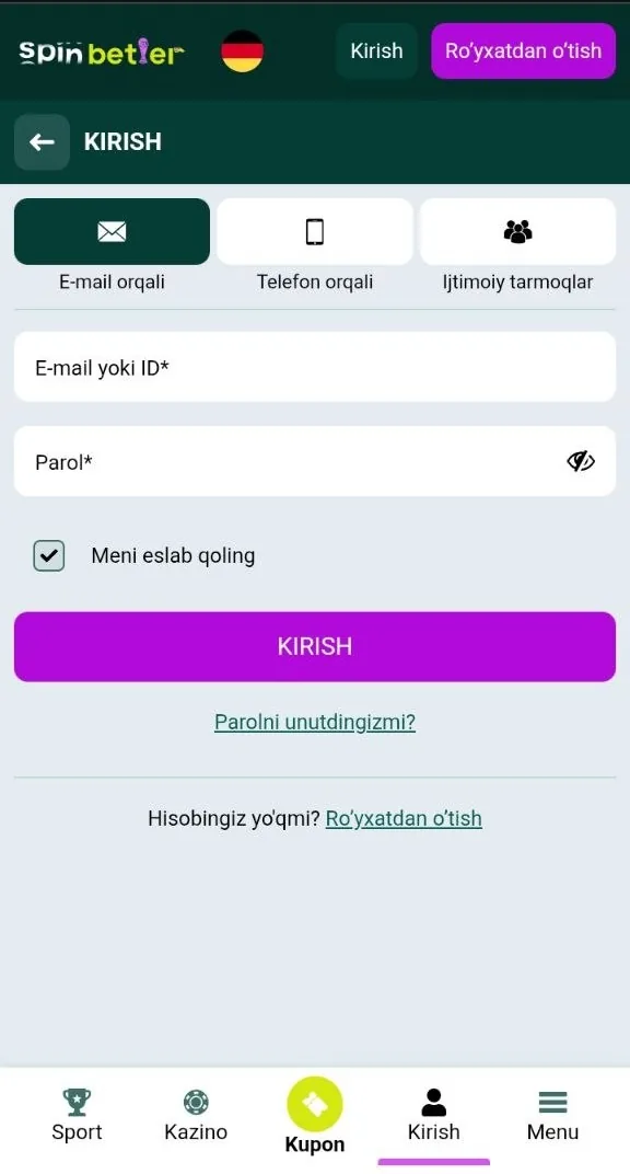 SpinBetter login oynasi - hisobga kirish maydonlari