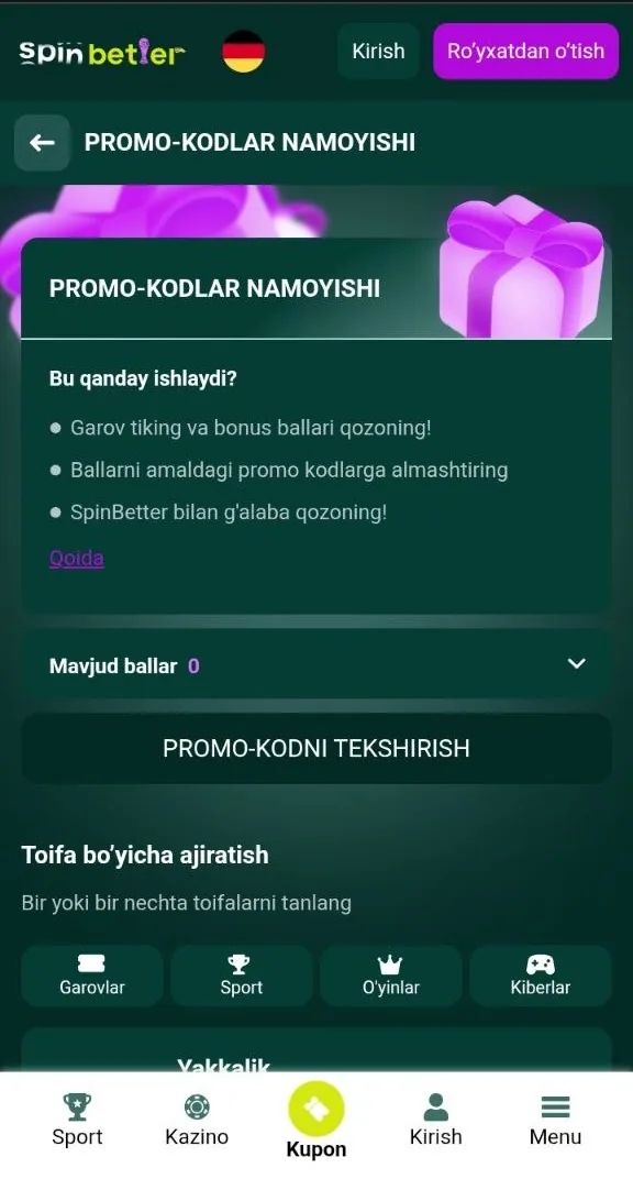 SpinBetter promokodi uchun maydon - roʻyxatdan oʻtish anketasi