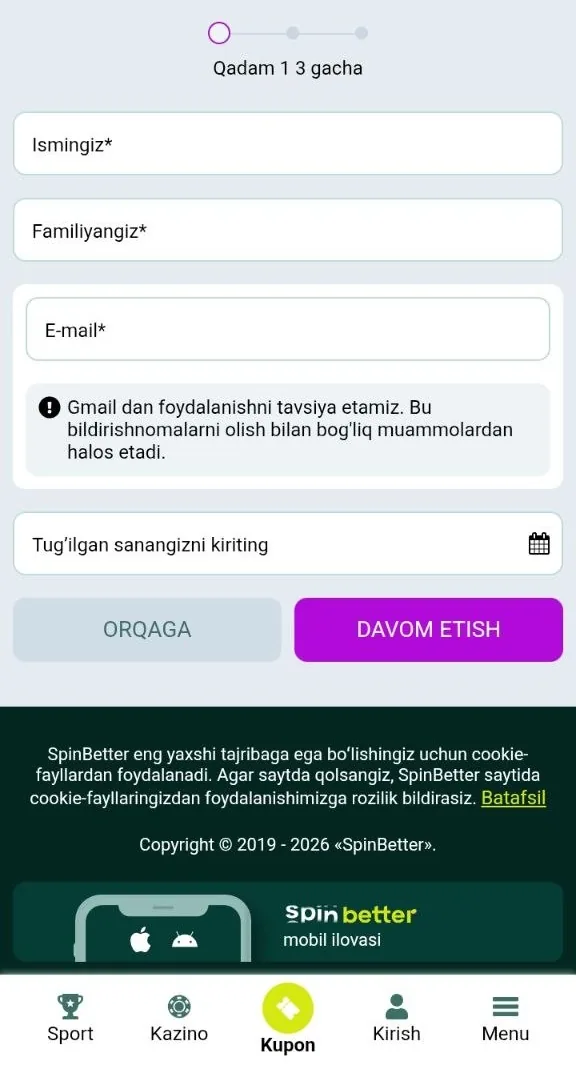 SpinBetter roʻyxatdan oʻtish anketasi - hisob ochish maydonlari